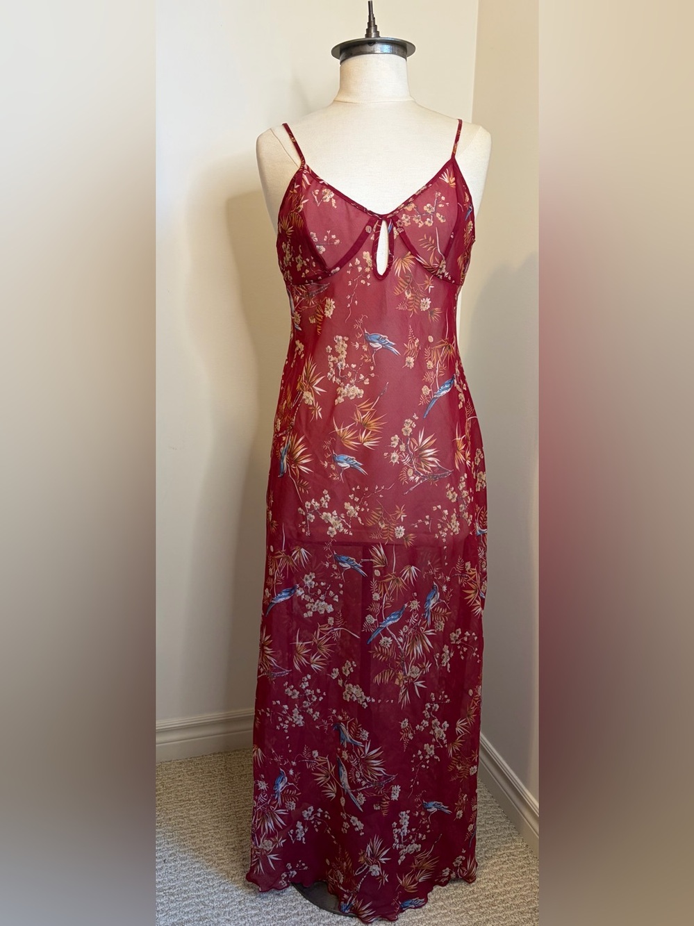 LA VIE EN ROSE Red Floral Bird Chiffon Slip Dress SIZE LARGE